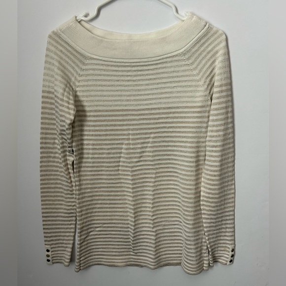White House Black Market Sweaters - White House Black Market Cream & Gold Striped Sweater buttons on sleeve S flaws